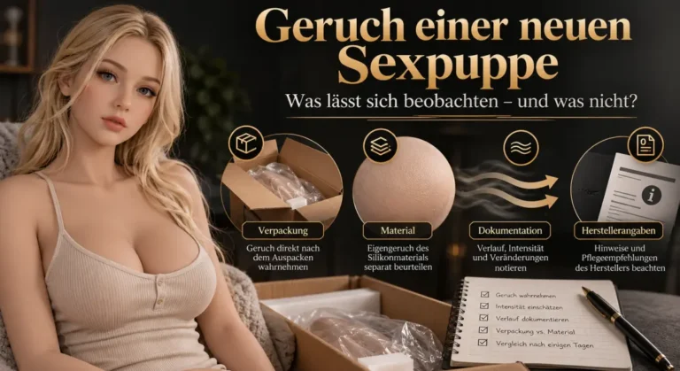 Infografik zum Geruch einer neuen Sexpuppe mit Verpackung, Material, Beobachtung und Herstellerangaben