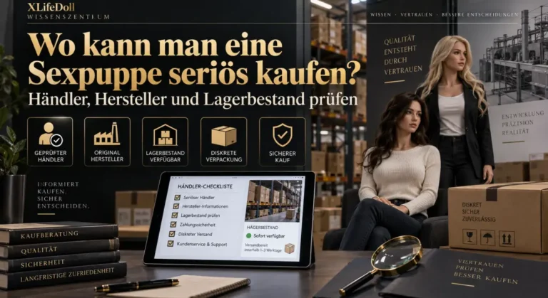 Infografik zur seriösen Auswahl eines Sexpuppen-Händlers mit Prüfpunkten zu Hersteller, Lagerbestand, sicherer Bestellung, diskreter Verpackung und After-Sales