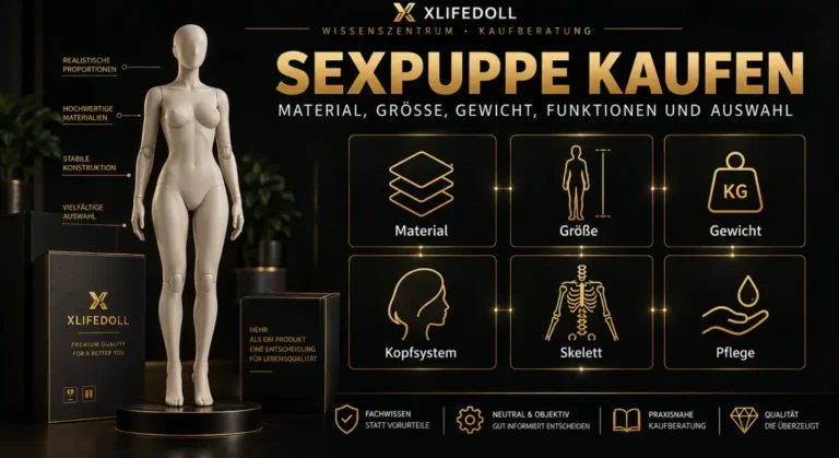 Infografik zur Kaufberatung für Sexpuppen mit Kriterien zu Material, Größe, Gewicht, Kopfsystem, Skelett und Pflege