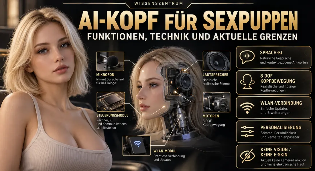 Infografik zu einem AI-Kopf für Sexpuppen mit Sprach-KI, 8-DOF-Kopfbewegung, WLAN, Personalisierung und technischen Grenzen