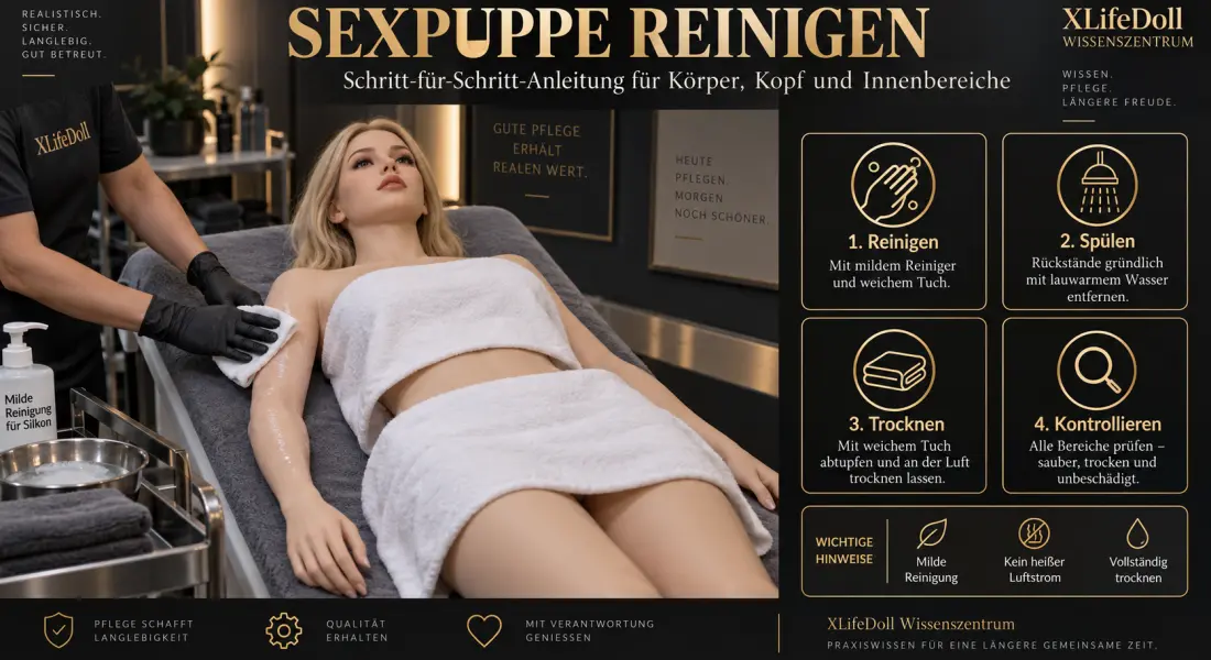 Sexpuppe reinigen: Schritt-für-Schritt-Anleitung für Körper, Kopf und Innenbereiche Infografik zur Reinigung einer Sexpuppe mit mildem Reiniger, Spülen, vollständiger Trocknung und anschließender Kontrolle