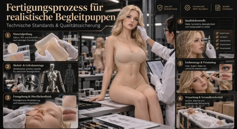 Infografik zur Herstellung einer Sexpuppe mit Materialien, Metallskelett, Montage, Oberflächenbearbeitung und Qualitätskontrolle
