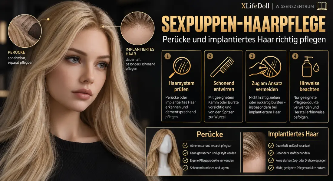 Infografik zur Sexpuppen-Haarpflege mit Perücke, implantiertem Haar, schonendem Entwirren und Schutz des Haaransatzes