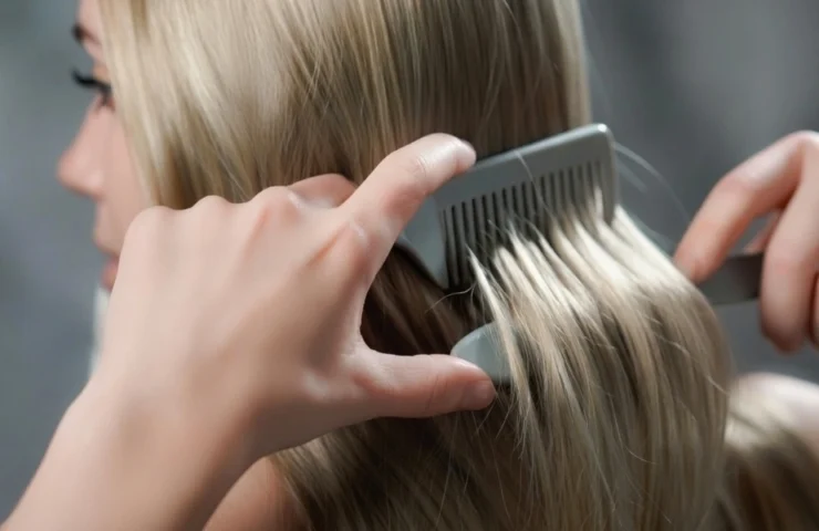 Demonstration, wie man die Haarwurzeln beim Bürsten der Puppenhaare hält.