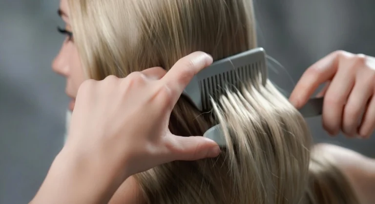 Demonstration, wie man die Haarwurzeln beim Bürsten der Puppenhaare hält.