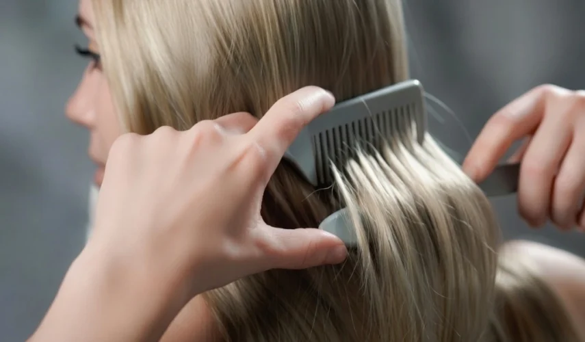Demonstration, wie man die Haarwurzeln beim Bürsten der Puppenhaare hält.