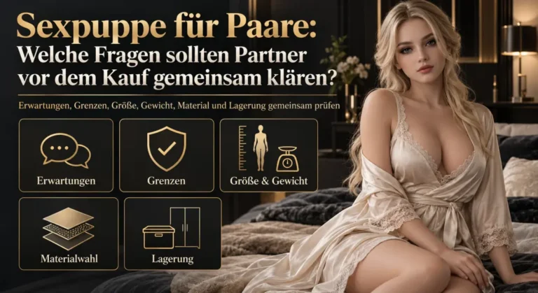 Infografik zur gemeinsamen Auswahl einer Sexpuppe für Paare mit Erwartungen, Grenzen, Größe, Gewicht, Materialwahl und Lagerung