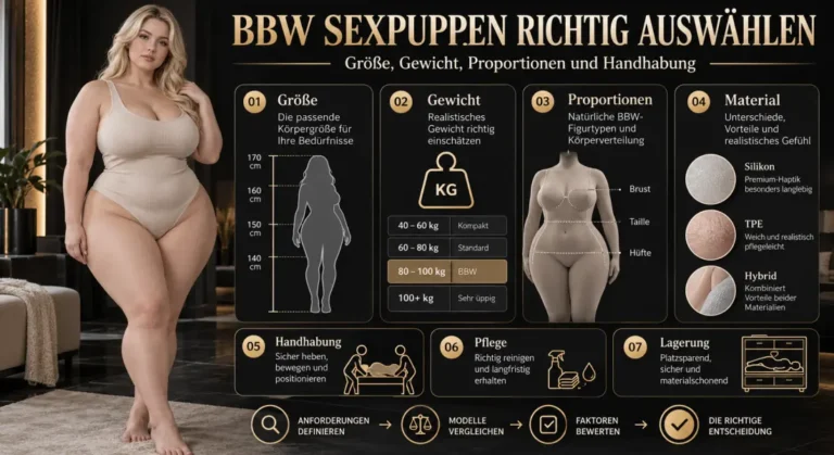 Infografik zur Auswahl einer BBW Sexpuppe mit Größe, Gewicht, Proportionen, Material, Handhabung, Pflege und Lagerung