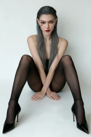 Vesper 173cm Sexpuppen mit gestreiftem Blazer und schwarzen Strümpfen.