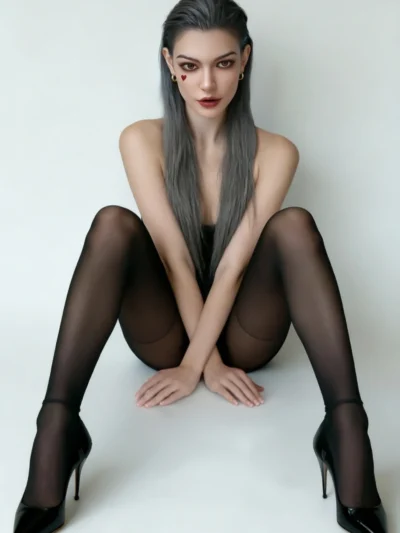 Vesper 173cm Sexpuppen mit gestreiftem Blazer und schwarzen Strümpfen.