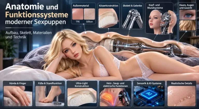 Technische Infografik zur Anatomie moderner Sexpuppen mit Außenmaterial, Innenaufbau, Skelett, Gelenken, Kopfsystemen, Standfunktion, Leichtbau und KI-Technik