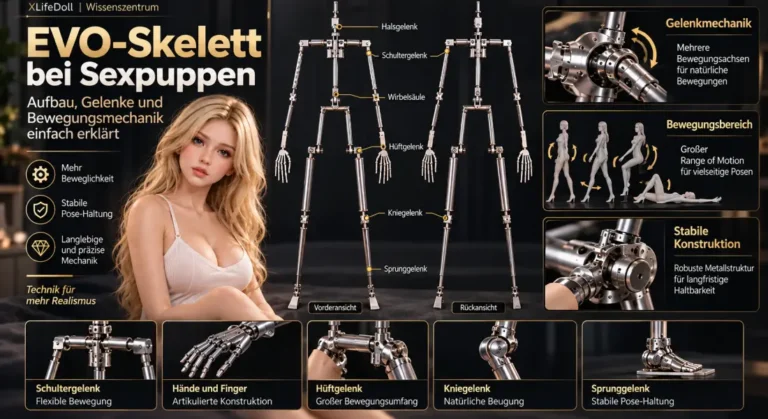 Technische Infografik eines EVO-Skeletts für Sexpuppen mit Metallrahmen, Schulter-, Hüft-, Knie- und Sprunggelenken sowie Bewegungsmechanik