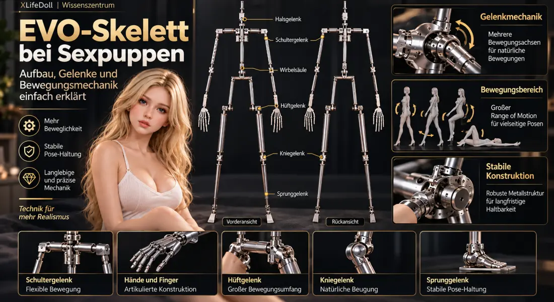 EVO-Skelett bei Sexpuppen: Aufbau, Gelenke und Bewegungsmechanik erklärt Technische Infografik eines EVO-Skeletts für Sexpuppen mit Metallrahmen, Schulter-, Hüft-, Knie- und Sprunggelenken sowie Bewegungsmechanik