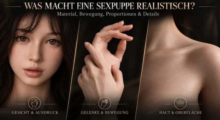 Infografik zu den Faktoren einer realistischen Sexpuppe mit Gesicht, Händen, Gelenkbewegung, Hautstruktur und Oberflächendetails
