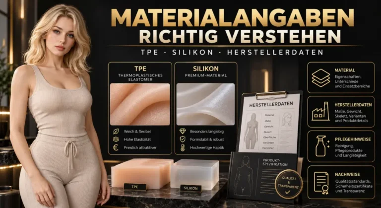 Infografik zu TPE, Silikon und Herstellerdaten bei Sexpuppen mit Materialvergleich, Produktspezifikation und Pflegehinweisen