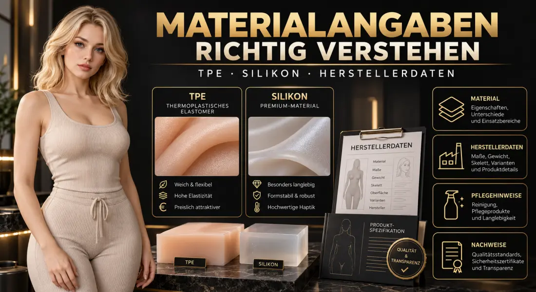 Materialangaben bei Sexpuppen richtig verstehen: TPE, Silikon und Herstellerdaten Infografik zu TPE, Silikon und Herstellerdaten bei Sexpuppen mit Materialvergleich, Produktspezifikation und Pflegehinweisen