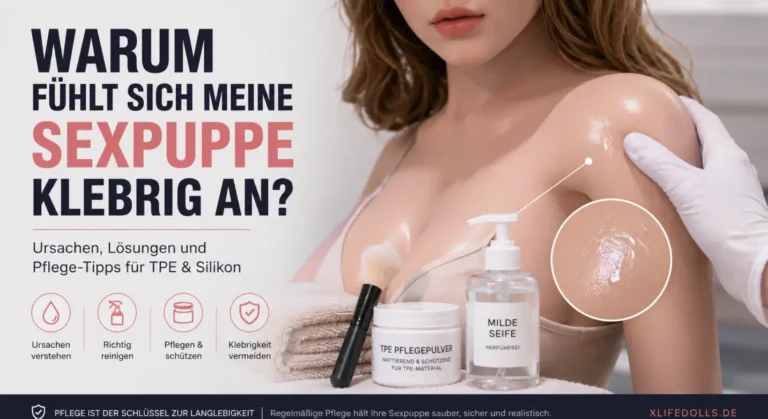 TPE-Sexpuppe mit klebriger Oberfläche während der Materialprüfung mit Reinigungstüchern, milder Seife und Pflegepulver zur richtigen Pflege und Vorbeugung.