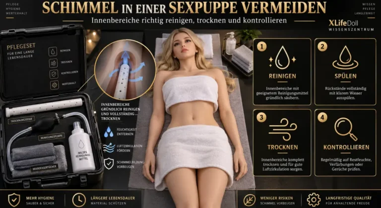 Schimmel in einer Sexpuppe vermeiden: Innenbereiche richtig reinigen, trocknen und kontrollieren Infografik zur Vorbeugung von Feuchtigkeit und Schimmel in einer Sexpuppe mit Reinigung, Spülen, vollständiger Trocknung und Kontrolle der Innenbereiche