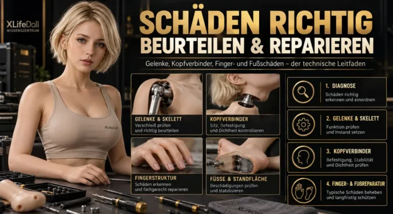 Sexpuppe reparieren: Schäden an Oberfläche, Skelett, Kopf, Händen und Füßen richtig beurteilen Infografik zur Reparatur und Schadensbeurteilung bei einer Sexpuppe mit Hinweisen zu Skelett, Kopfverbindung, Händen, Fingern, Füßen und Standfunktion