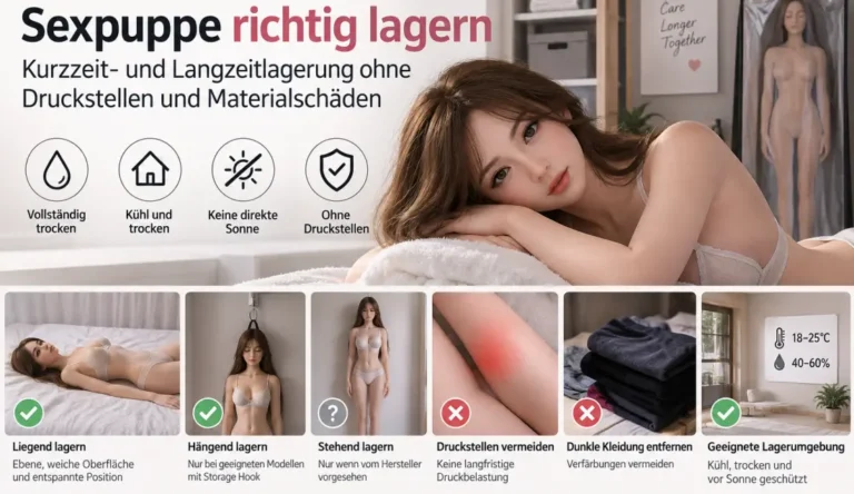 Sexpuppe richtig lagern: Kurzzeit- und Langzeitlagerung ohne Druckstellen und Materialschäden Infografik zur sicheren Lagerung einer Sexpuppe mit liegender und hängender Aufbewahrung, Schutz vor Druckstellen, Sonne und dunkler Kleidung