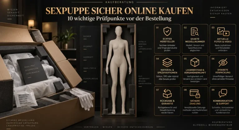 Infografik zum sicheren Online-Kauf einer Sexpuppe mit Prüfpunkten zu Hersteller, Modell, Versand, Verpackung, Garantie und Zahlung